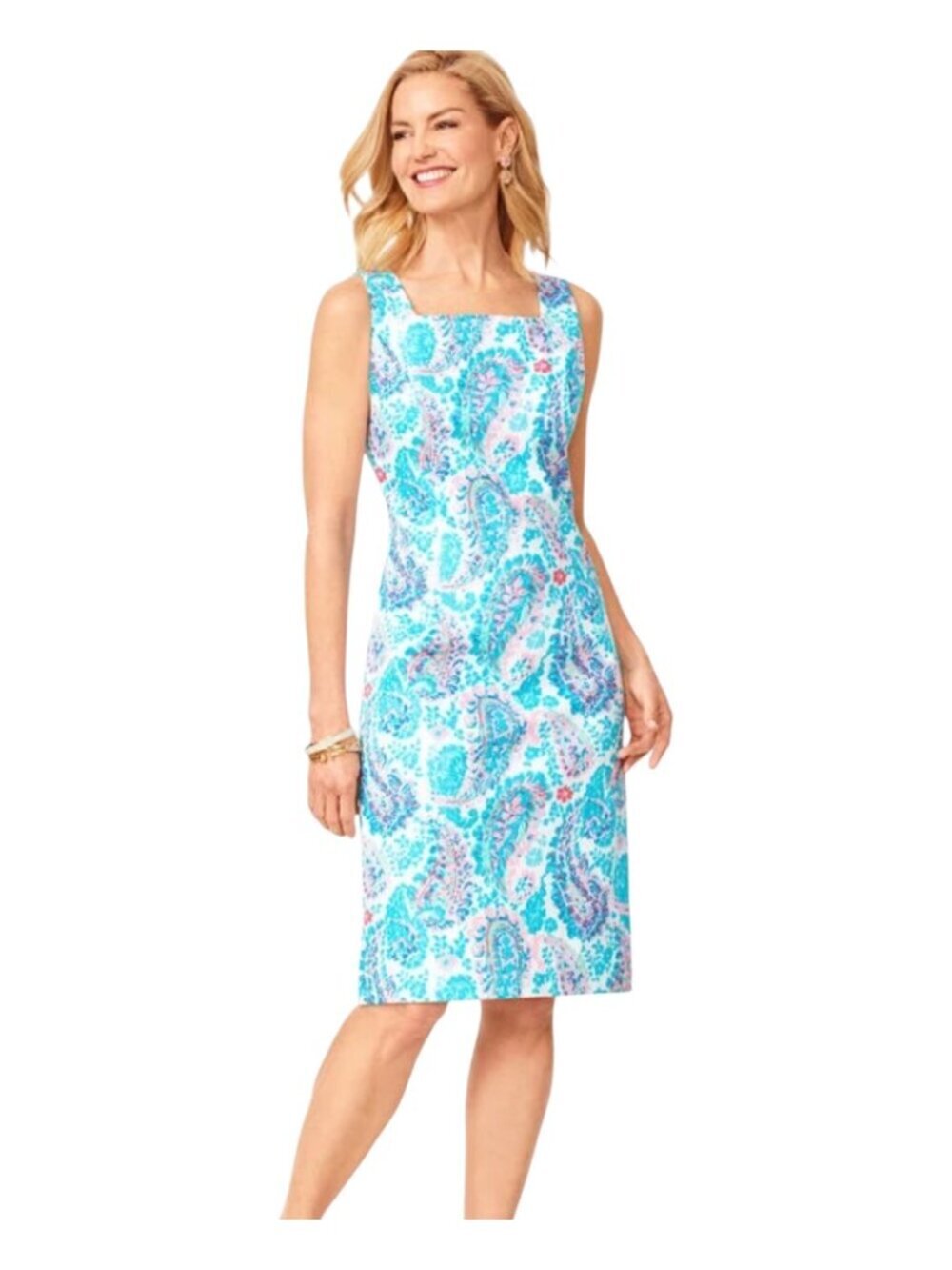 Talbots Fresco Paisley Preppy Square Neck Sundress Sheath Aqua Blue & Pink 8P